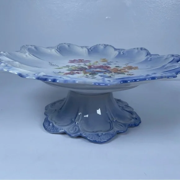 Vintage Floral Blue Pedestal Cake Stand Home Decor Fruit Display Centerpiece - Picture 3 of 12